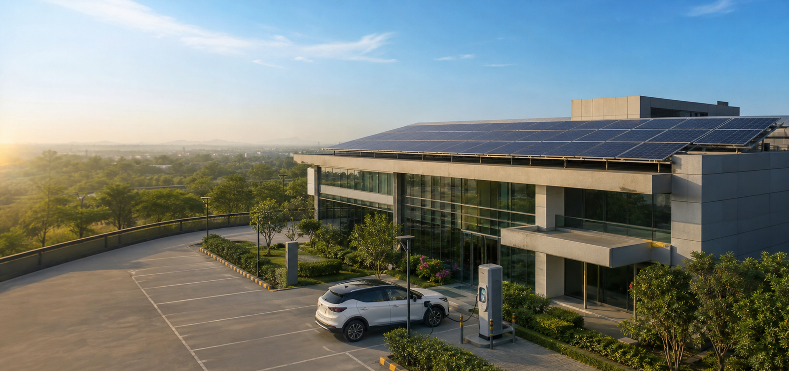 Solar panels and EV charger at a modern clean energy site